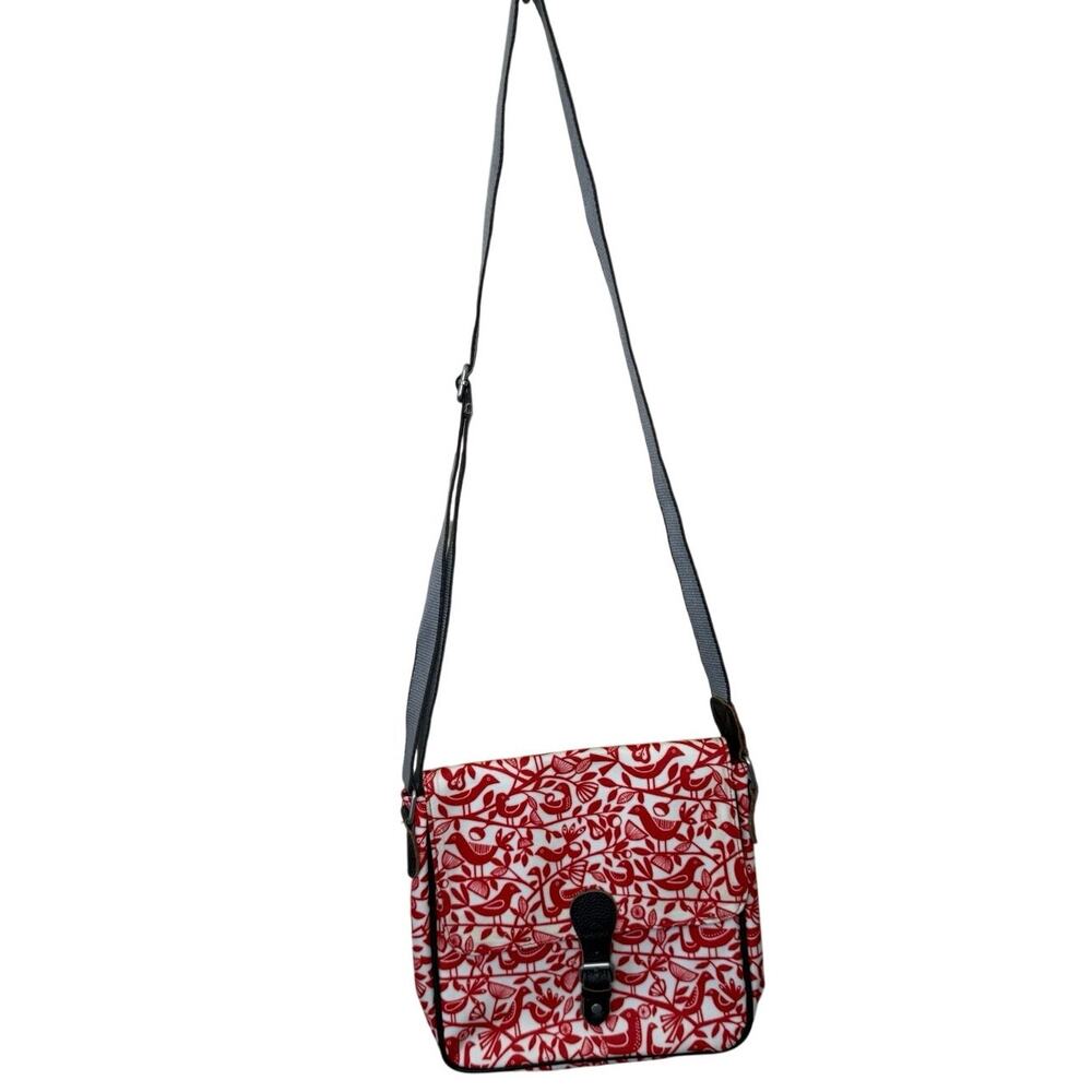 Nicky James Boho Bird & Pear Print Red & White Cross Body Bag Laminated Canvas - Picture 2 of 12